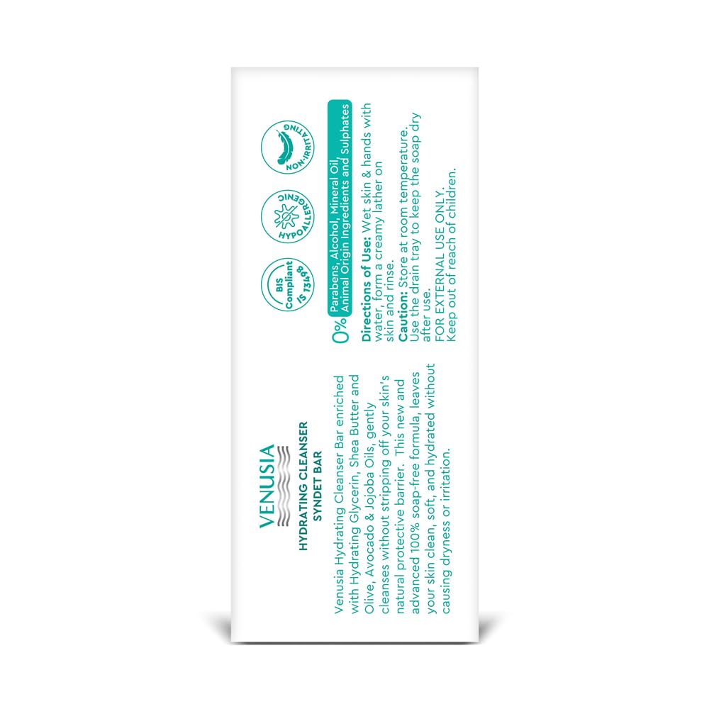 Venusia Hydrating Cleanser Syndet Bar | 100% soap-free, pH 5.5, Non-irritating, Hypoallergenic, PAMA-free | Enriched with Hydrating Glycerin, Shea Butter, Olive Oil, Avocado Oil & Jojoba Oil - 75g ( Pack of 3 )