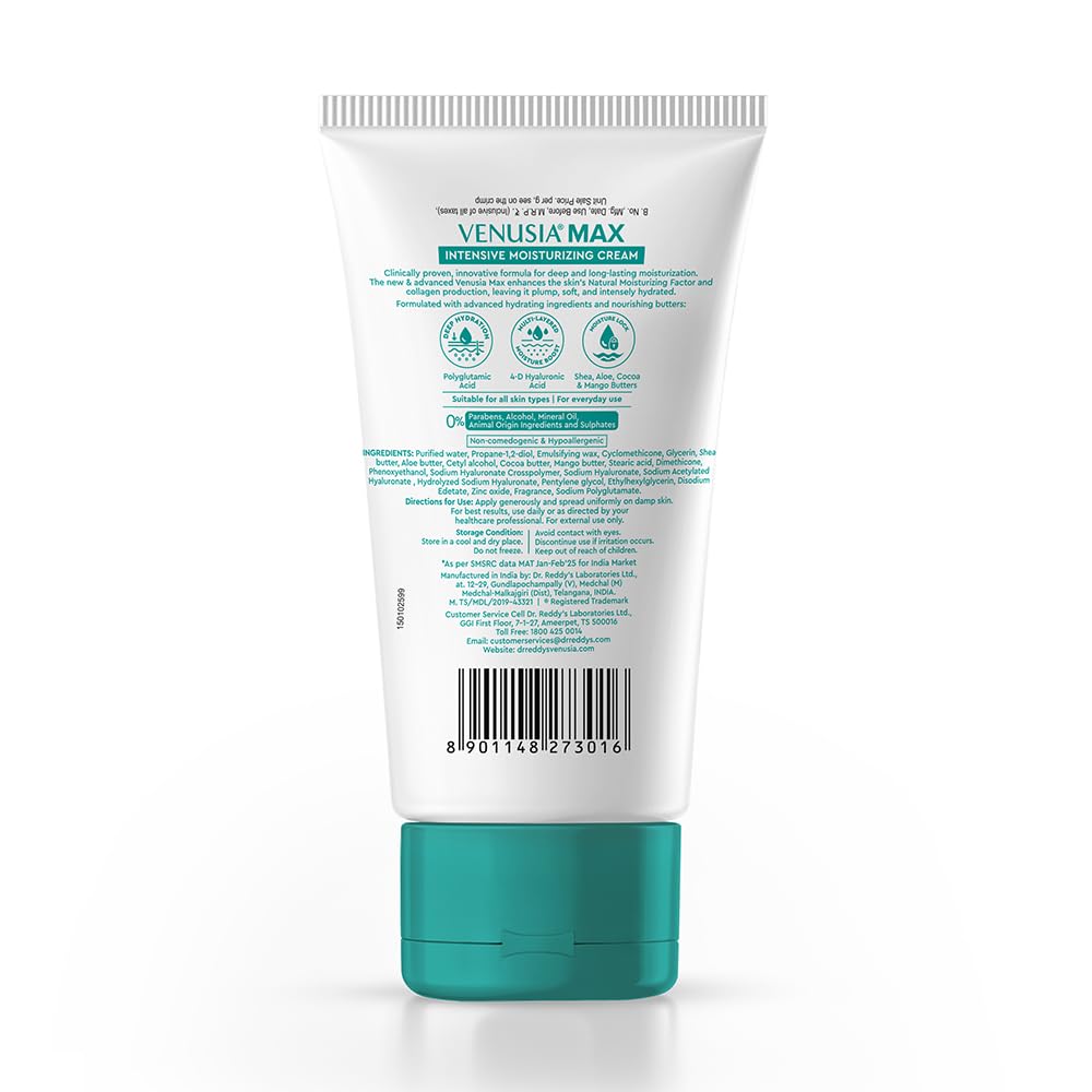 Venusia Max Intensive Moisturizing Cream | Enriched with 4D Hyaluronic Acid & Polyglutamic Acid | Clinically Proven Deep Penetration for Long lasting hydration | For Face & Body |No.1 Dermatologist Recommended Brand | Dry to Very Dry Skin | 150 g