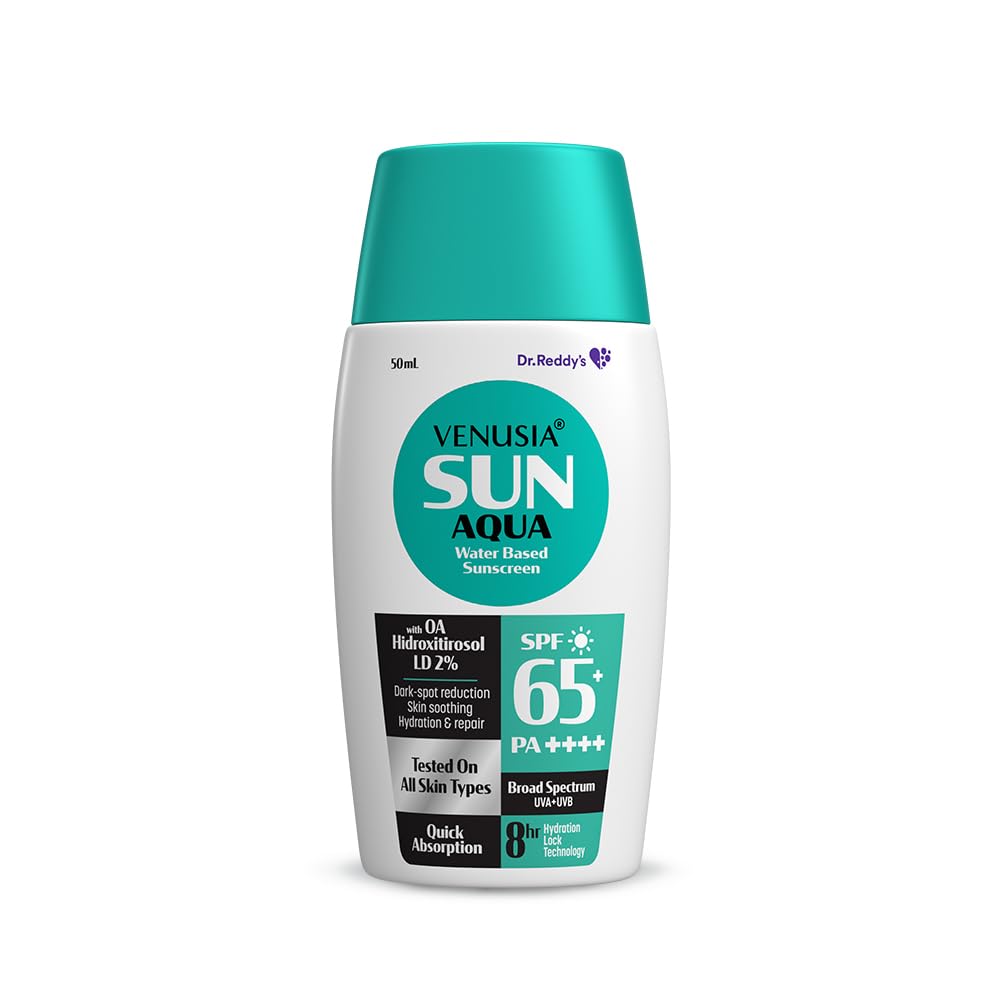 Venusia Sun Water Based Sunscreen SPF 65 : Broad Spectrum Protection : Powered by Antioxidants : Ultra-Light, Non-Sticky and Hydrating : Anti-Pigmentation : For Oily, Acne-Prone Skin : 50g