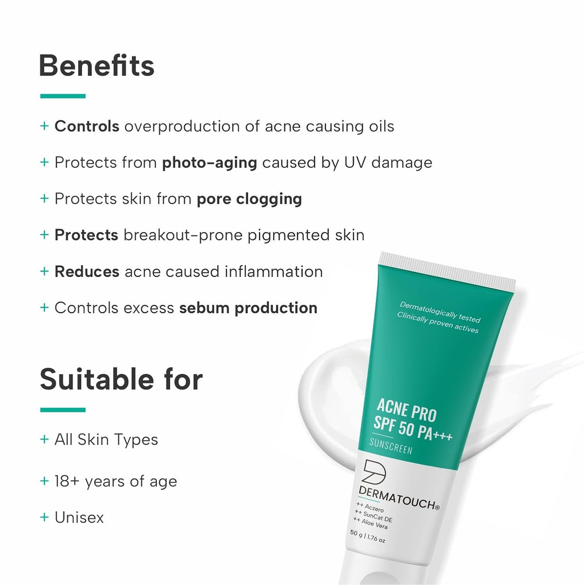 DERMATOUCH Acne Pro SPF 50 PA+++ Sunscreen | Non-acnegenic | UVA-UVB Protection | Zero White Cast - Skiynse Dermatologique
