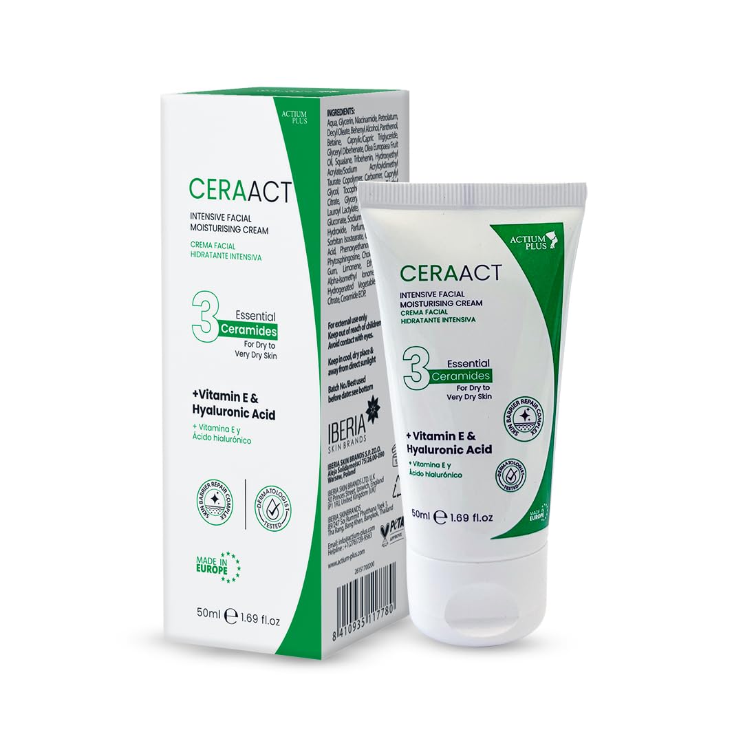 Ceraact Intensive Facial Moisturizing Cream| for Dry to Very Dry Skin with 3 Essential Ceramides, Vitamin E & Hyaluronic Acid | Hydration & Barrier Support | 50ml