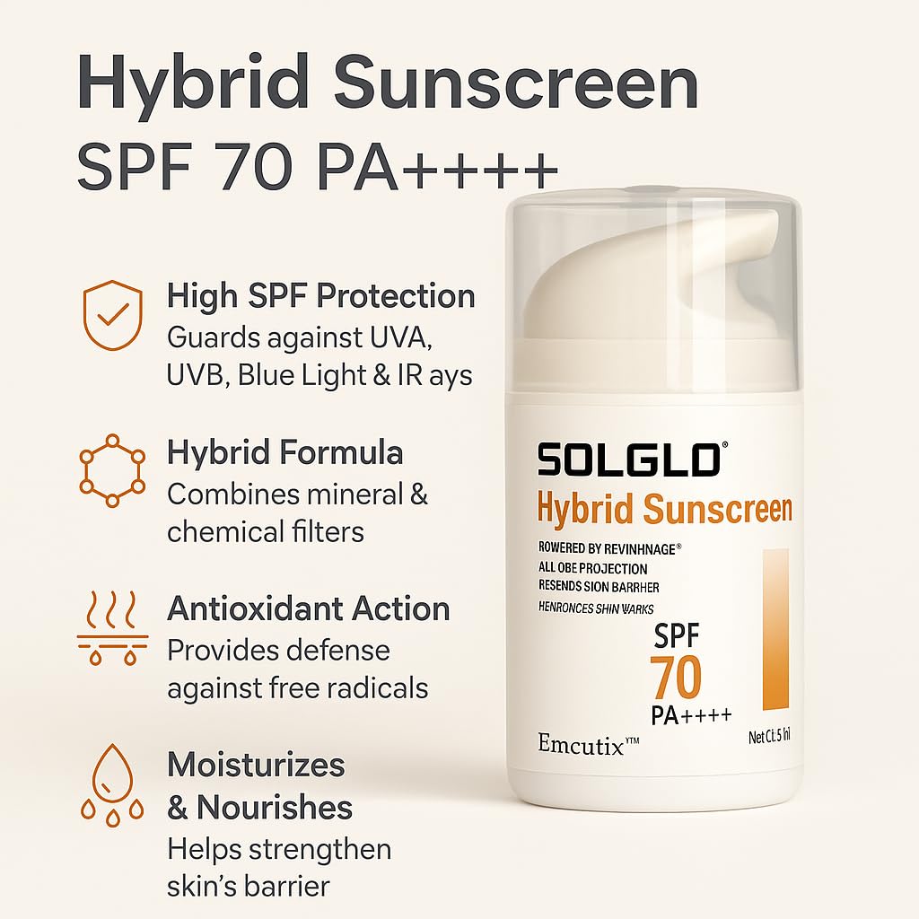 Solglo Hybrid Sunscreen SPF 70 PA++++ – Broad Spectrum Protection with Zinc Oxide, Titanium Dioxide, Avobenzone & Niacinamide – UVA/UVB, Blue Light & Pollution Defense – 50ml - Skiynse Dermatologique