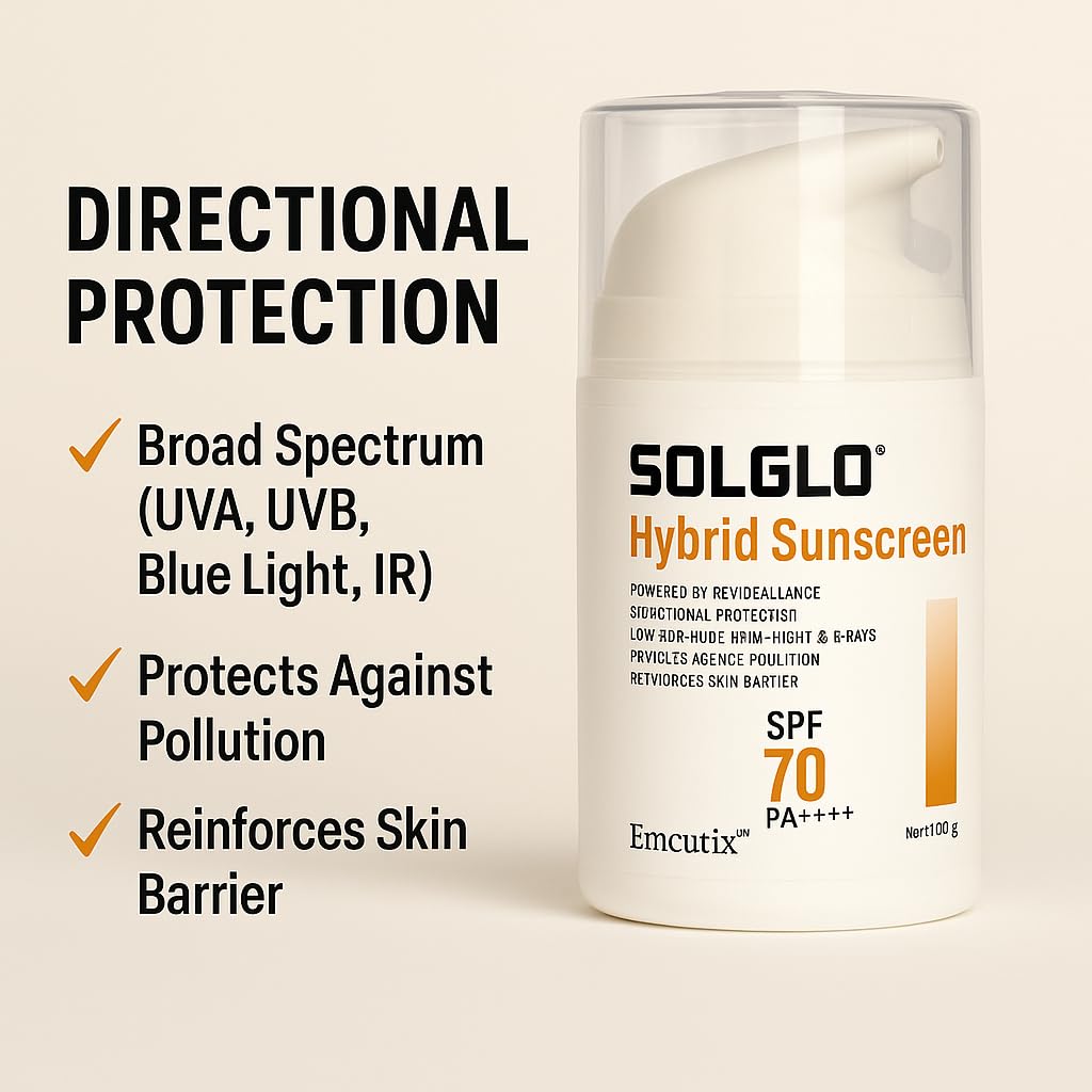Solglo Hybrid Sunscreen SPF 70 PA++++ – Broad Spectrum Protection with Zinc Oxide, Titanium Dioxide, Avobenzone & Niacinamide – UVA/UVB, Blue Light & Pollution Defense – 50ml - Skiynse Dermatologique