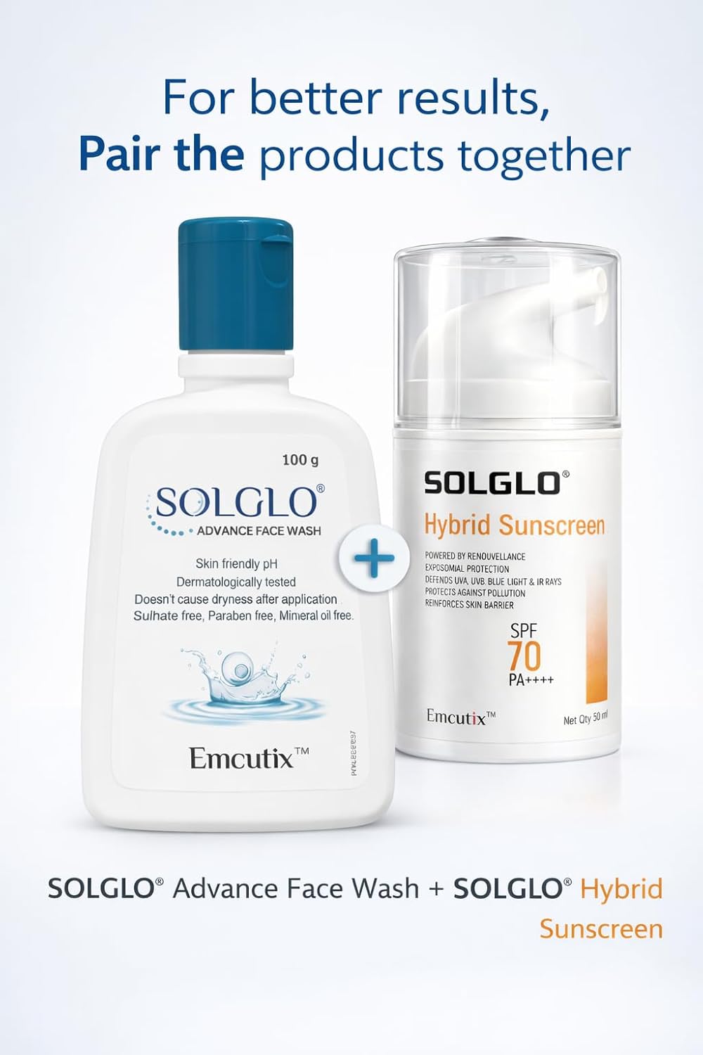 Solglo Hybrid Sunscreen SPF 70 PA++++ – Broad Spectrum Protection with Zinc Oxide, Titanium Dioxide, Avobenzone & Niacinamide – UVA/UVB, Blue Light & Pollution Defense – 50ml - Skiynse Dermatologique