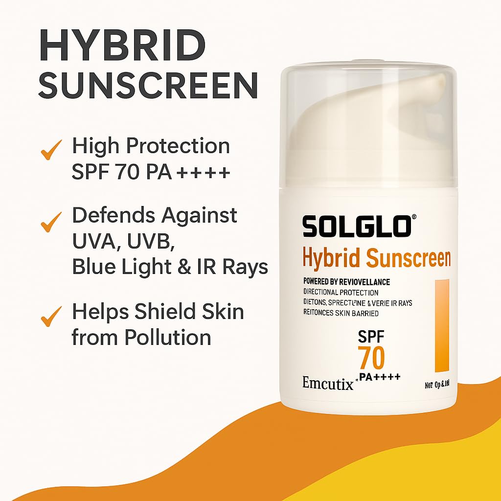 Solglo Hybrid Sunscreen SPF 70 PA++++ – Broad Spectrum Protection with Zinc Oxide, Titanium Dioxide, Avobenzone & Niacinamide – UVA/UVB, Blue Light & Pollution Defense – 50ml - Skiynse Dermatologique