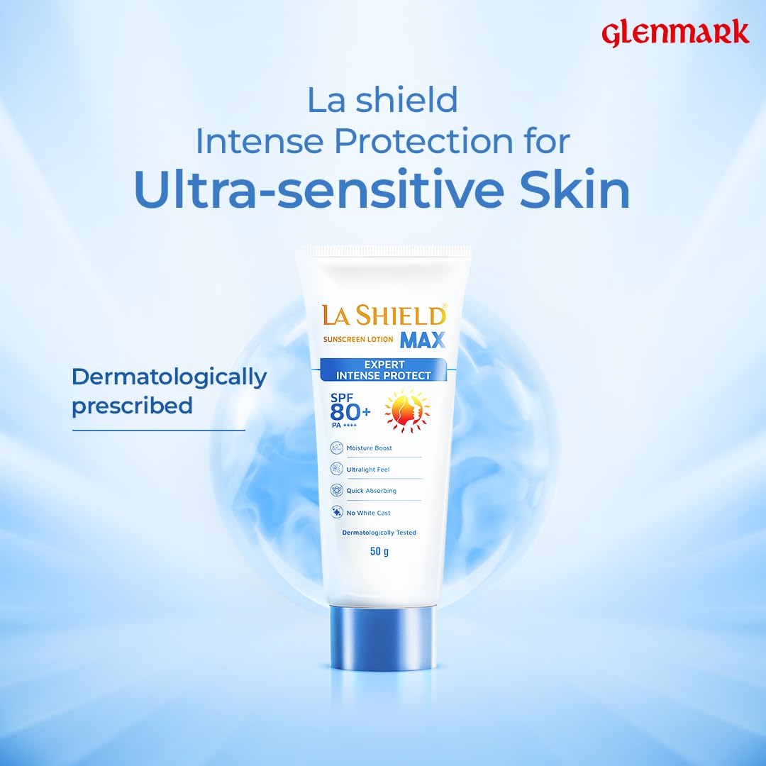 La Shield Max SPF 80+ Sunscreen Lotion | PA++++ | Intense sun protection | For Highly sensitive skin | Moisture Boost Formula | Lightweight | Hydrating Sunscreen | Dermatologist Prescribed | For Men & Women | 50gm