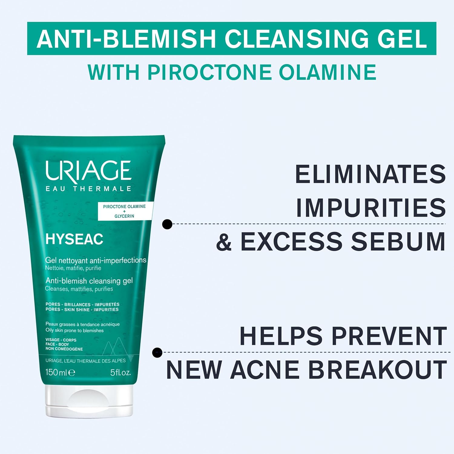 Uriage Hyseac Nettoyant Cleansing Gel Soap Free Face and Back Gentle Cleansing Removes Excess Oil for Oily Acne Prone Skin Soap Free Physiological pH Value 150ml