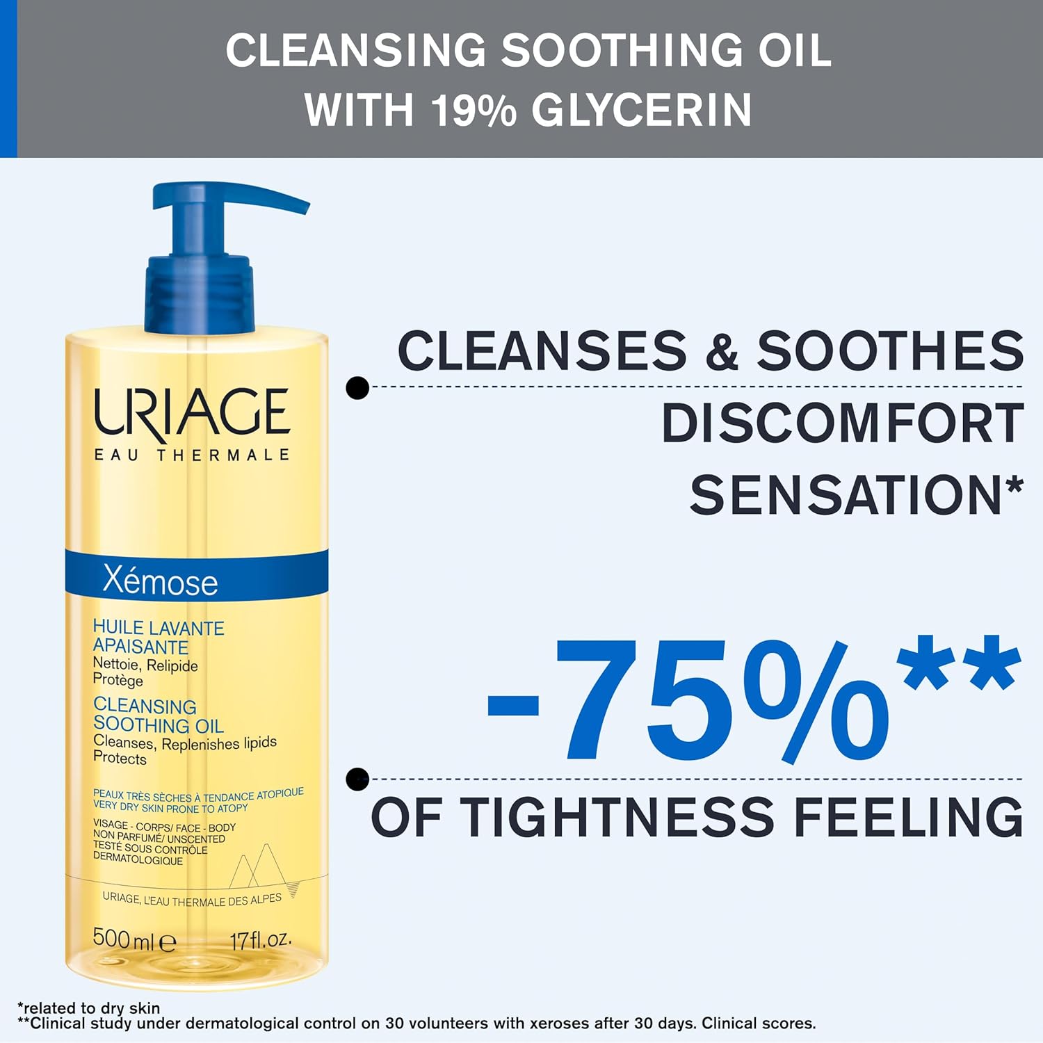 Uriage Xemose Face & Body Wash For Very Dry Skin, Soothes For Long-Lasting Comfort, Mild Foaming Nourishing Gel-In-Oil, Fragrance & Soap-Free, Physiological Ph