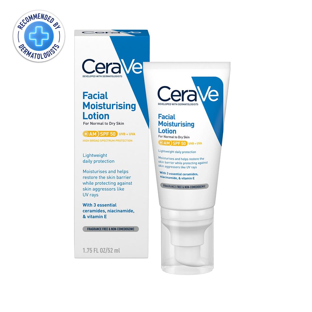 CeraVe AM Facial Moisturizing Lotion for Normal to Dry Skin (52 ml) with Broad Spectrum Sunscreen SPF 50, Enriched with Ceramides, Niacinamide & Hyaluronic acid
