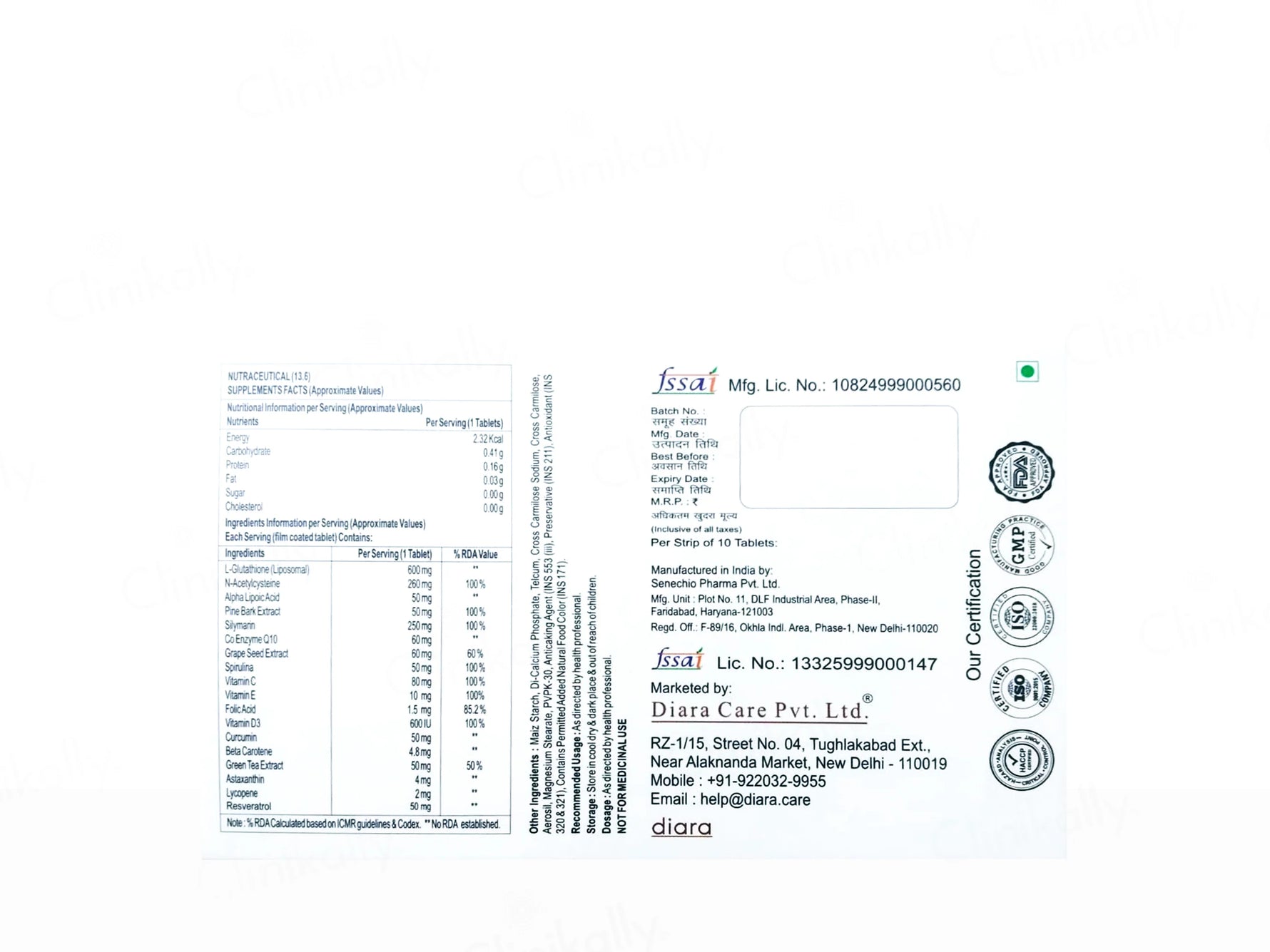 Diara Gloren Detox & D-Tan Nutraceutical Tablet - Skiynse Dermatologique
